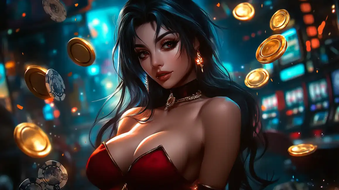 Professional casino woman with poker chips and coins representing security and trust