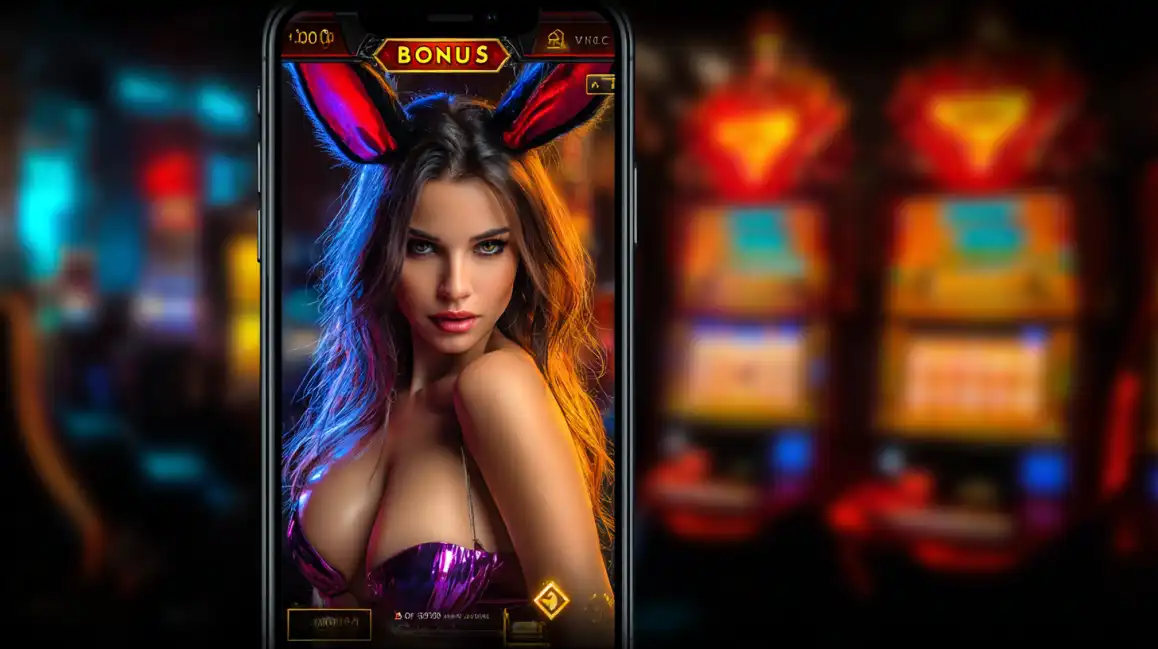 Mobile casino bonus screen featuring woman with bunny ears in purple dress with colorful lighting effects in casino environment