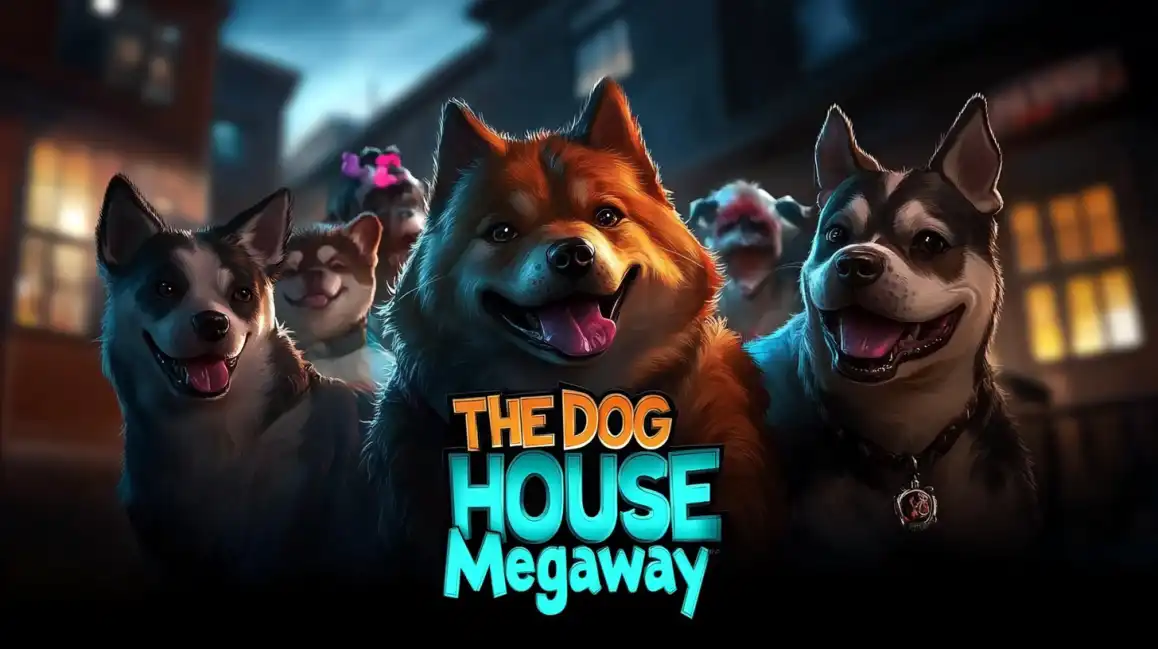 The Dog House Megaway slot game featuring various cartoon dogs with happy expressions in urban nighttime setting
