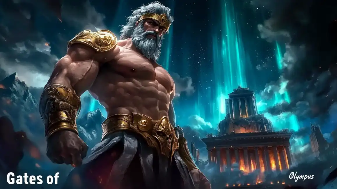 Gates of Olympus slot featuring powerful Zeus character with golden armor and ancient Greek temple in mystical atmosphere