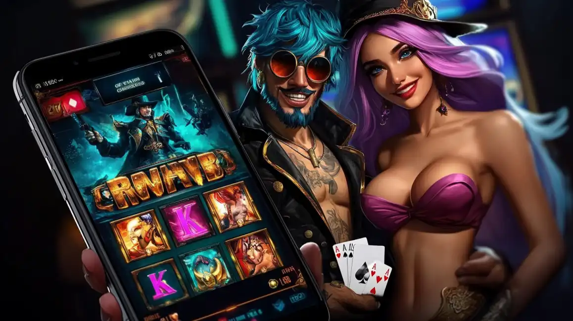 Trendy couple with colorful hair enjoying mobile casino games with man holding playing cards in vibrant gaming environment