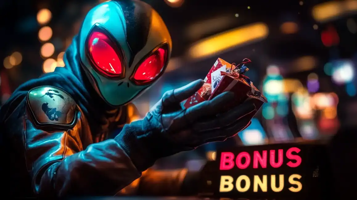 Futuristic alien character with red eyes holding poker cards with Bonus Bonus text in sci-fi casino atmosphere