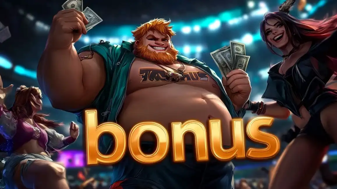 Animated casino characters celebrating bonus wins with money and large golden bonus text in stadium setting