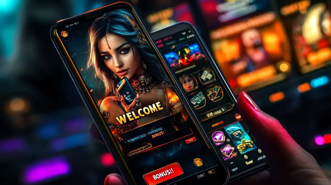 Two smartphones displaying casino welcome bonus interface with fantasy female character and game selection options