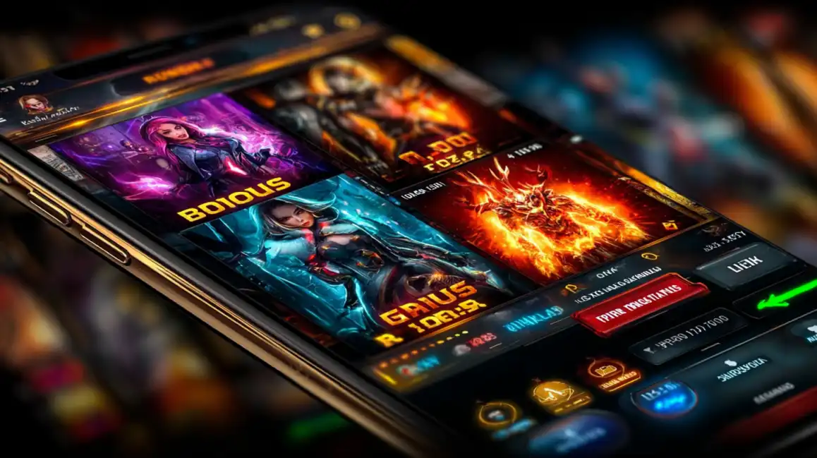 Mobile casino games interface showing multiple slot game options with fantasy characters and bonus features displayed on smartphone