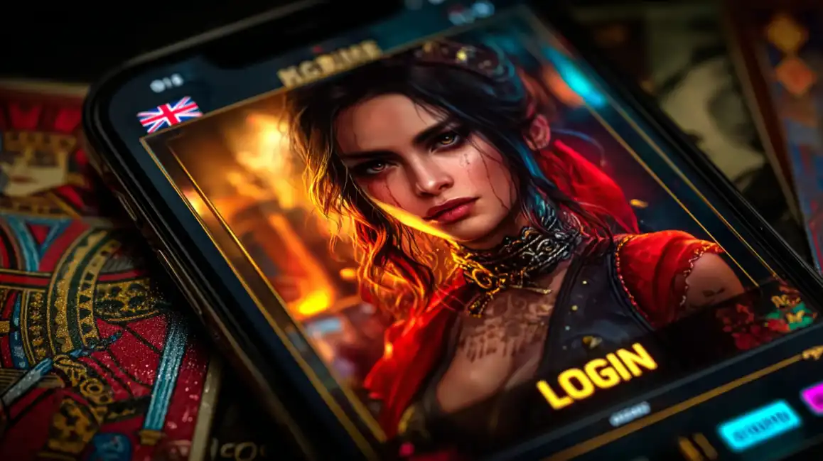 Mobile casino login screen featuring elegant woman in red dress with UK flag and ornate decorative elements