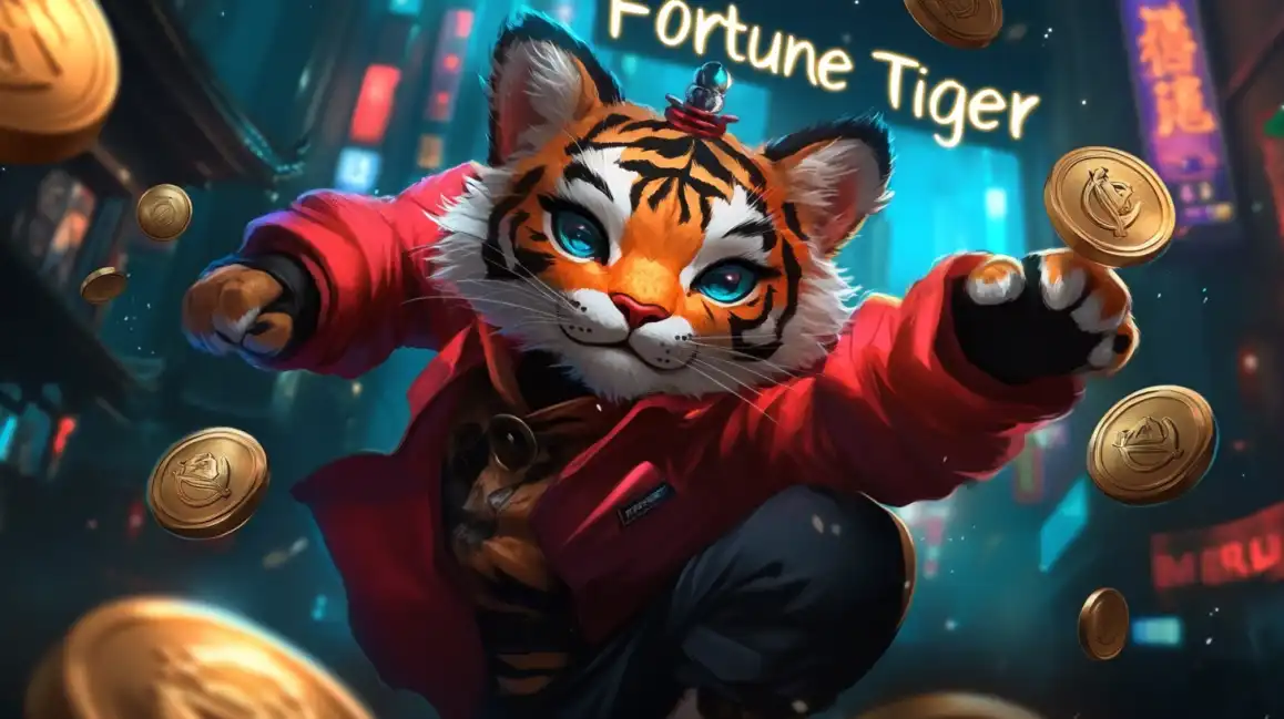 Fortune Tiger slot game featuring cute anthropomorphic tiger character in red outfit surrounded by floating gold coins in vibrant casino setting