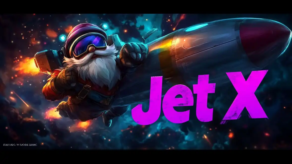 JetX crash game showing futuristic space pilot character with jetpack flying through cosmic environment with purple game logo