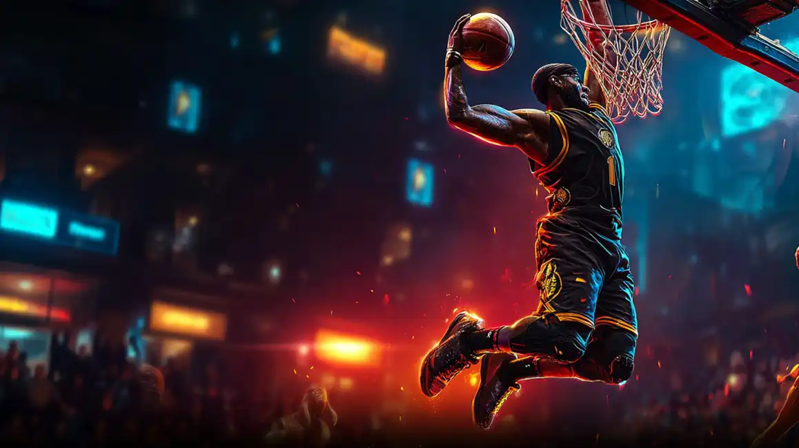 Professional basketball player performing dramatic slam dunk in illuminated arena with vibrant orange and blue lighting effects