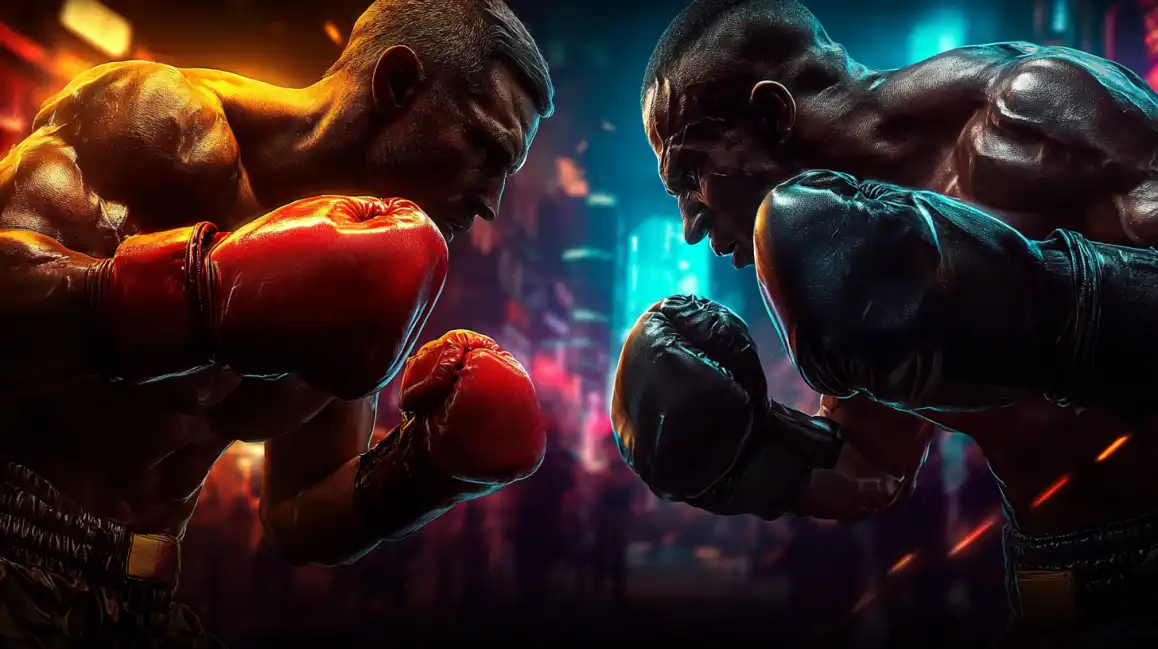 Intense boxing match scene with two muscular fighters in combat stance with dramatic red and blue lighting in arena setting