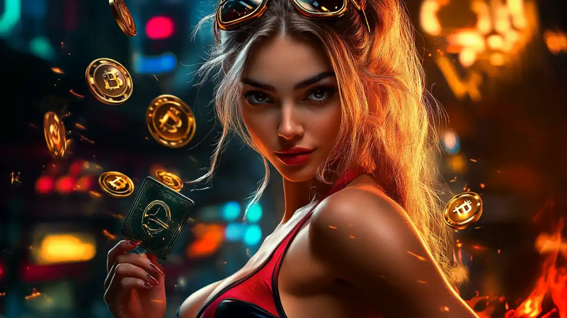 Beautiful woman with steampunk goggles holding cryptocurrency wallet surrounded by floating Bitcoin coins in atmospheric casino lighting