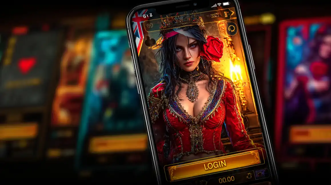 Mobile casino login screen featuring elegant woman in ornate red dress with golden decorations and rose accent in luxury setting