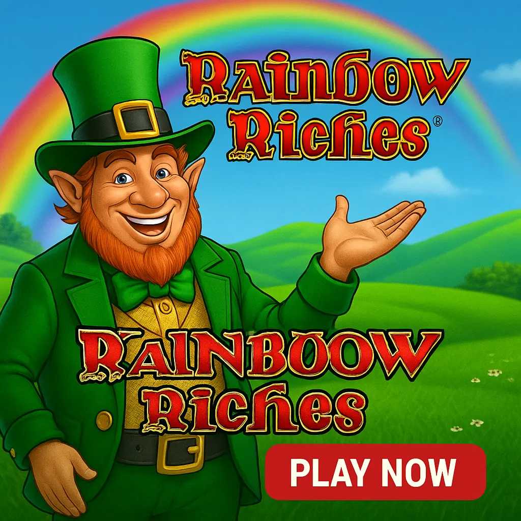Rainbow Riches slot game featuring Irish theme with leprechauns and rainbow